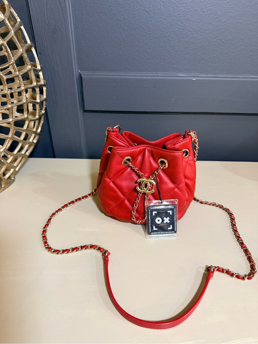 CHANEL CC Chain Drawstring Mini Bucket Bag w/Authetication Red Quilted Lambskin